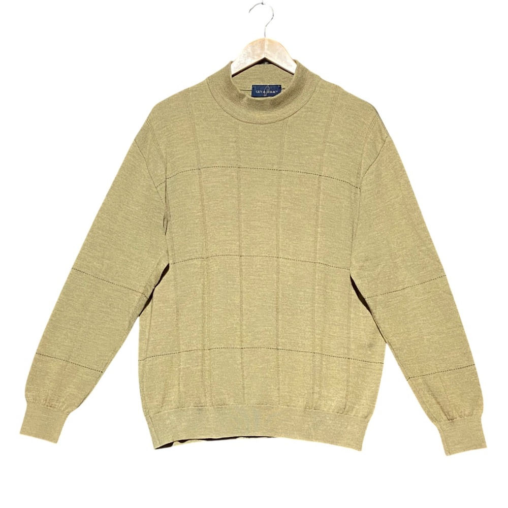 Guy de Berac Mens Vintage Mock Neck Wool Blend Grid Knit Sweater Tan Size 5‎